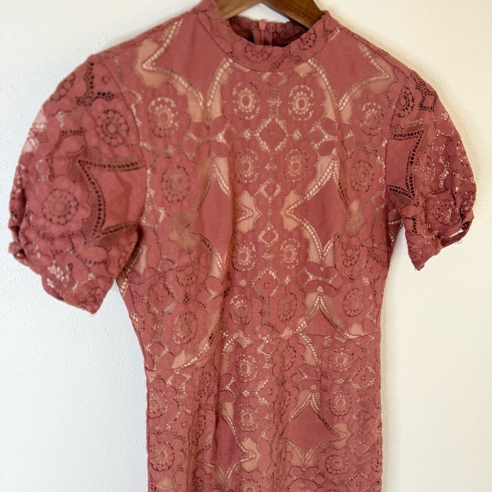 Altar’d State Dusty Rose Lace Mini Dress Mock Neck Fit & Flare Size Small